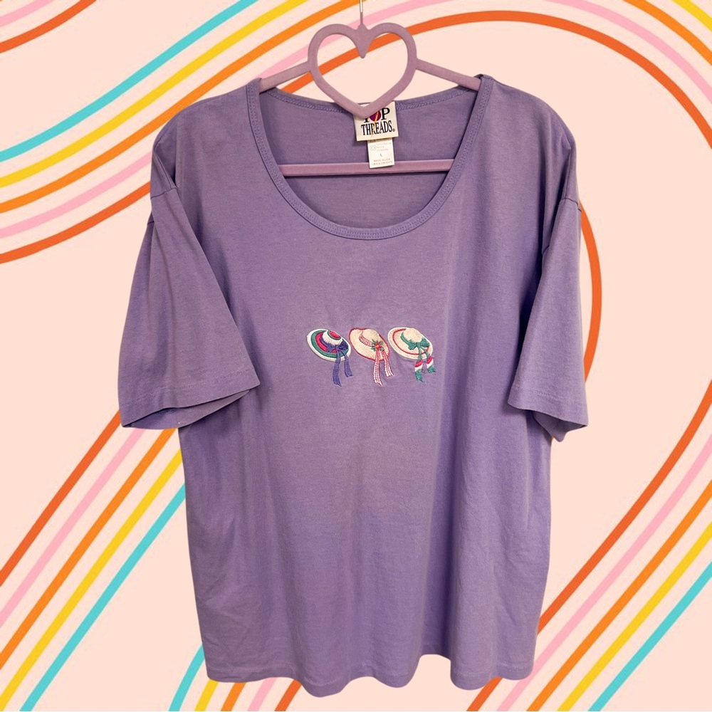 Vintage Top Threads slightly distressed purple embroidered garden hats tee